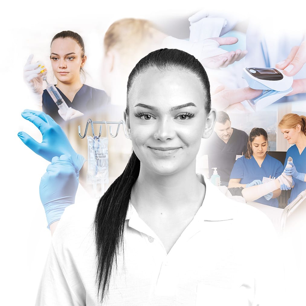 Frau mit dunklem Pferdeschwanz in weißem Hemd vor Collage mit medizinischem Personal, Handschuhen, Infusionsbeutel und Blutzuckermessgerät.